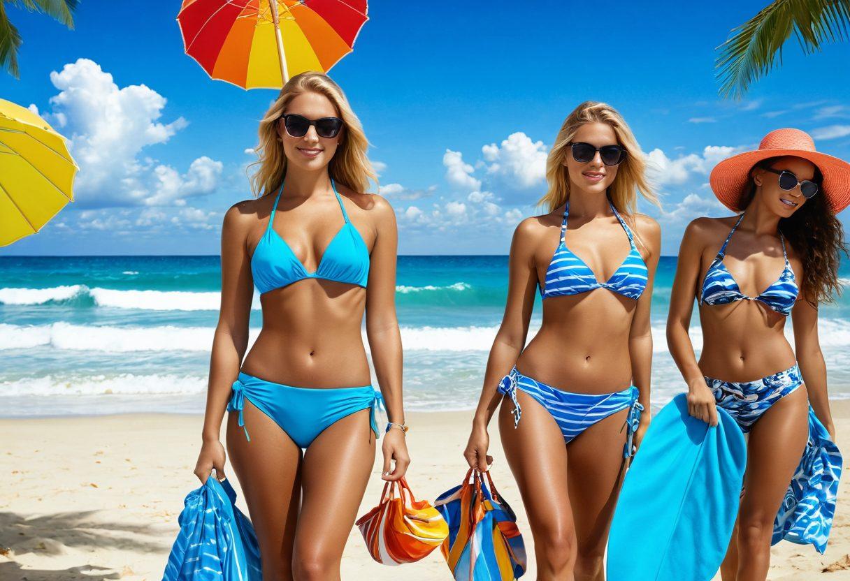 A vibrant beach scene showcasing a stylish array of the latest bikini trends on various models. Include colorful sarongs, sunglasses, and chic beach accessories, set against a backdrop of gentle waves and sunny skies. Incorporate elements like seashells and beach towels to enhance the seaside vibe. The overall atmosphere should be lively and inviting, conveying a sense of summer fun. super-realistic. vibrant colors. bright blue sky.